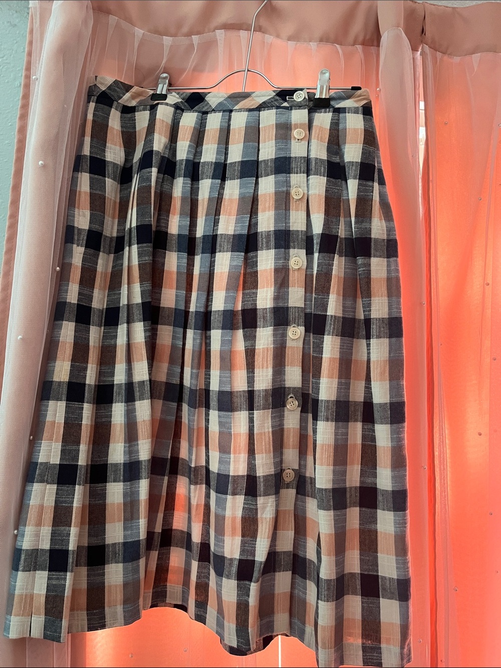 Talbots Peach, Navy & White Plaid Button-Front A-Line Skirt